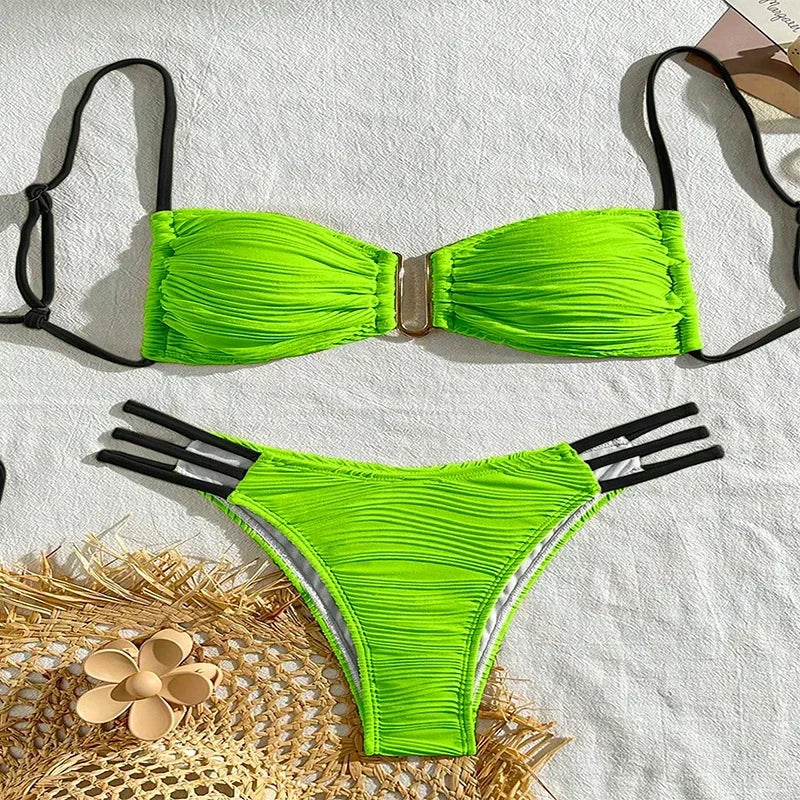 2025 New European and American Color Match Sexy Tie Bikini Swimsuit Women's Three-point Beach Hot Spring Swimsuit