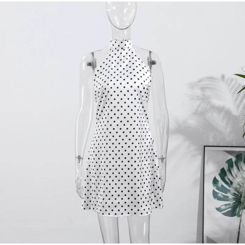 Fashion Lace Up Polka Dot Mini Dress Women Square Collar Short Sleeve Satin Party Dresses2026 Summer Lady Elegant Beach Robe New