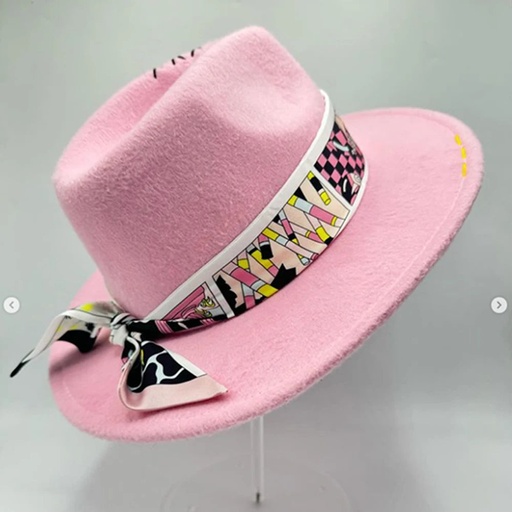 Suede Fedora Painting Felt Hats for Men and Women, Hand Sewn Fedora Adjustable Fall Winter Fashion Party Hats and Gifts