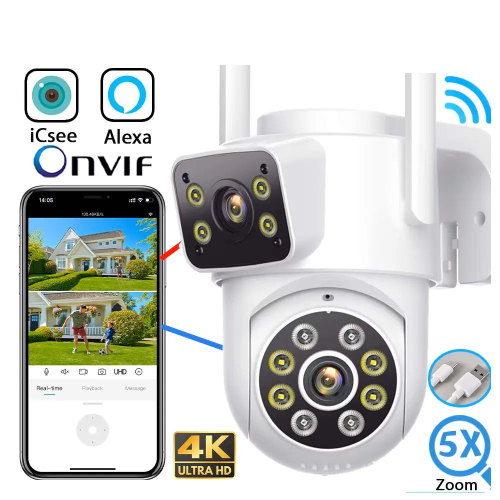 4K PTZ Wifi IP Camera 8MP Dual Lens AI Human Detection Wireless Outdoor Security CCTV with Dual Screens ICSEE App Control
