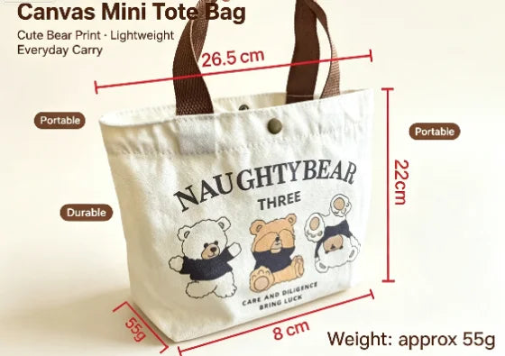 Cute Bear Canvas Mini Handheld Tote Bag Women Portable Lunch Bag Small Student School Handbag Ideal Gift Bag