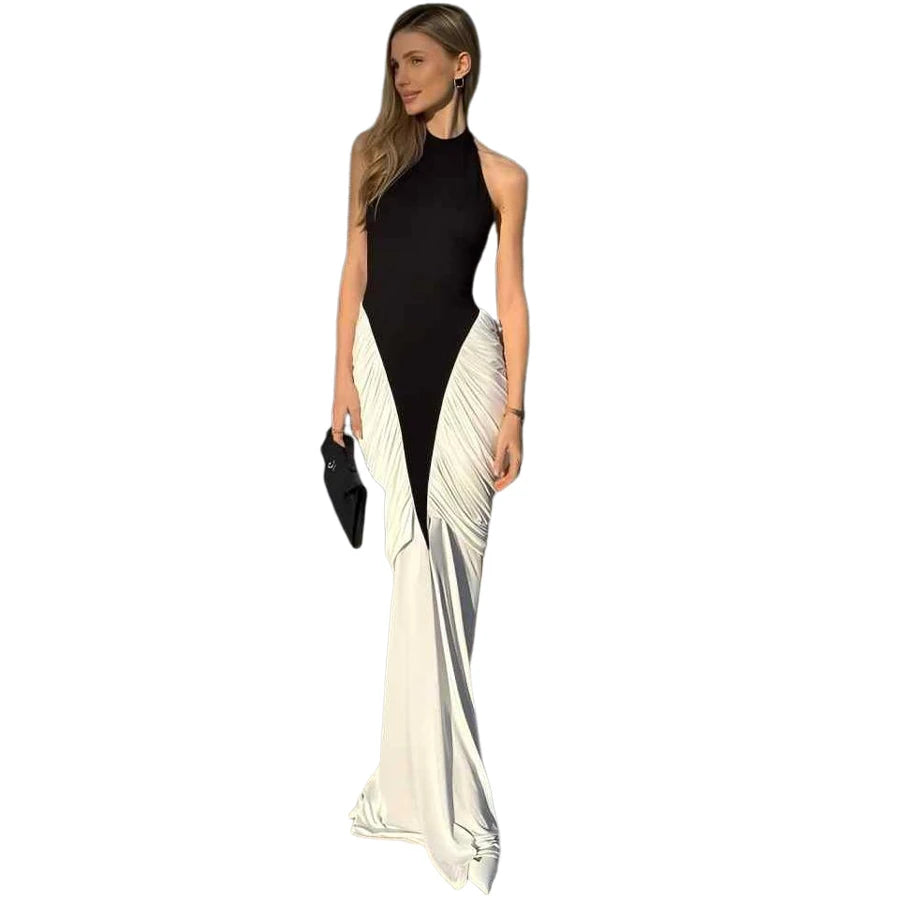 Nibber Folds Maxi Dress Women Black White Patchwork Peach Butt Halter Backless Slit Summer Trend Temperament Clubwear Vestidos
