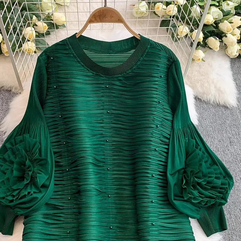 ANLAN Luxury Beading Hollow Out Tassels Pleated Miyake Dresses Women 3D Flower Splice Lantern Sleeve Loose Party Dress 2025 N