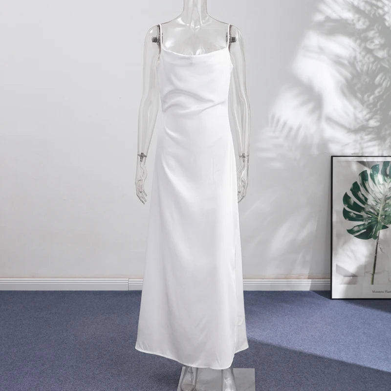 Backless Women Dress Satin Spaghetti Strap Maxi Dresses Back Tail Cowl Drape Front Neck Side Split Hem Elegant Evening Bodycon