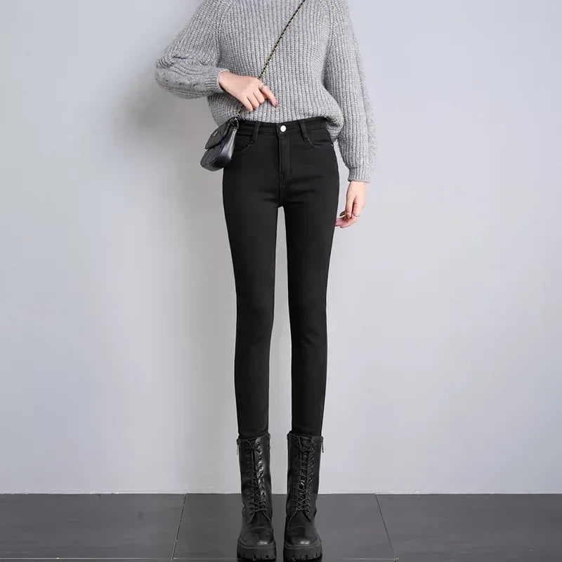 Lady Plush Thermal Jeans Winter Snow Warm Stretch Thin Jeans Women Fleece Pencil Pants Fashion Straight Leg Denim Trousers
