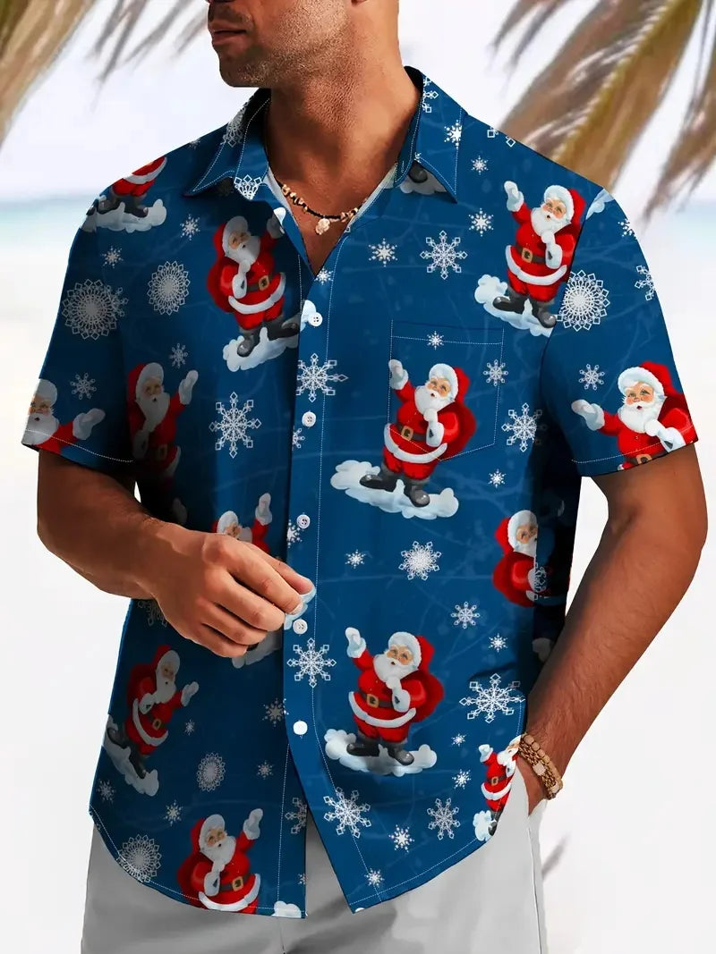 Men's Christmas Santa Beach Vacation Shirts 3D Print Casual Short Sleeve Button Up Hawaiian Shirts Blouse For Men Aloha Shirt
