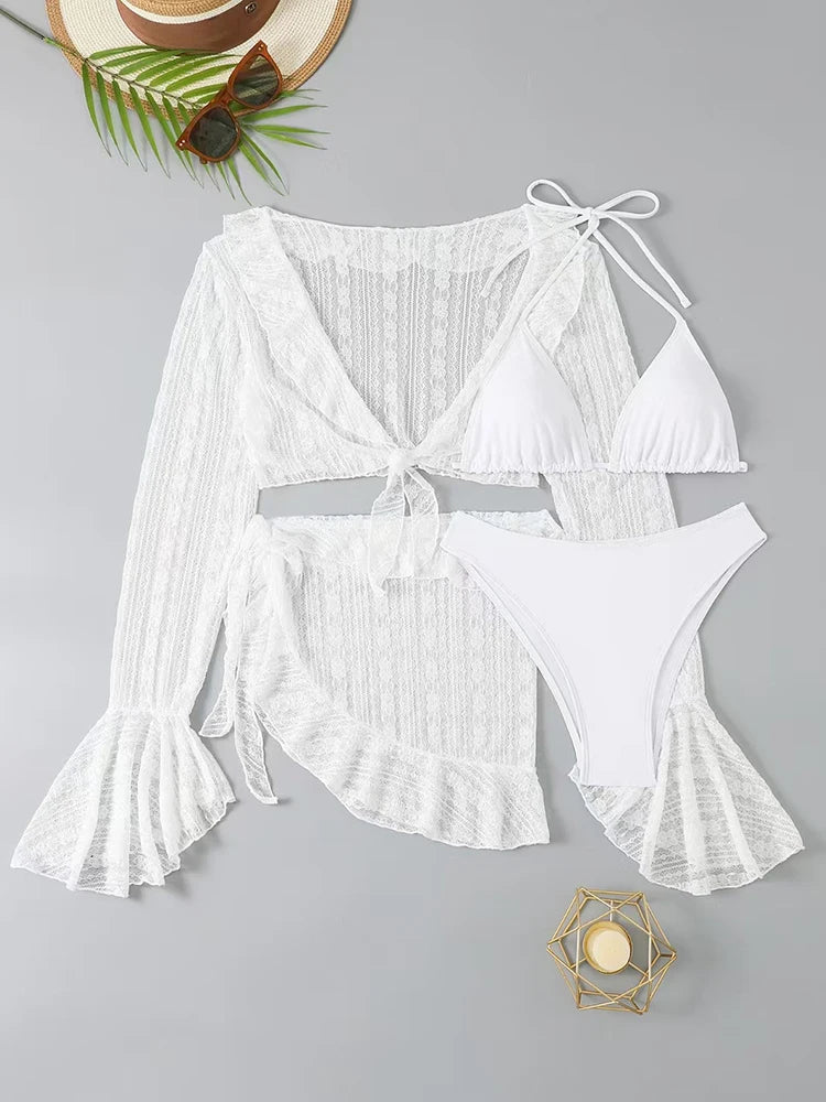 2026 Sexy Four-piece Women Swimsuit Long-sleeve Cover-up Swimwear Summer Solid Bikini Set Brazilian Beachwear Party bathing suit