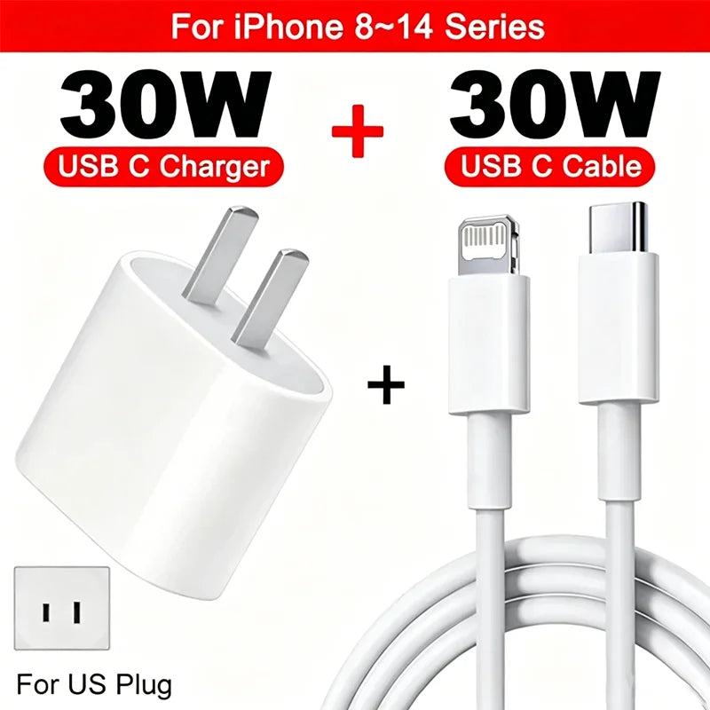 30W Charger USB Type C Fast Charger For iPhone 13 15 17 14 12 11 16 Pro Max Plus PD Charger Charging Cable Accessories
