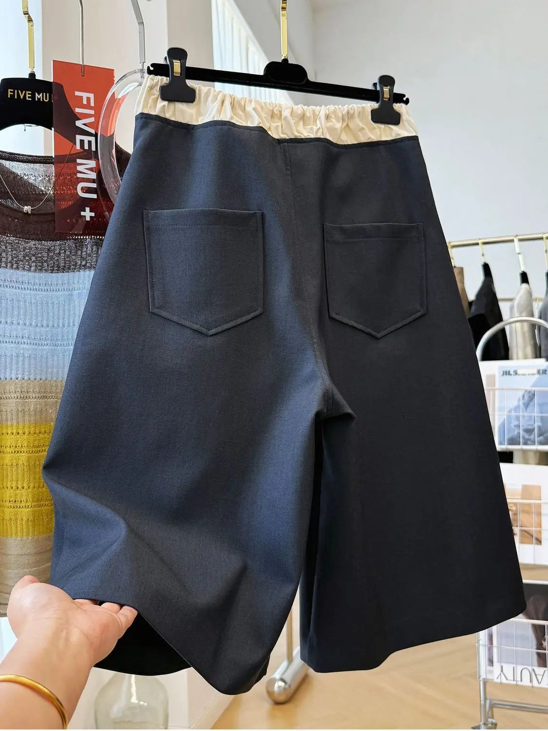 Women's Black Wide-Leg Shorts Contrast Elastic Waist Drawstring Loose Fit Casual Summer Bot