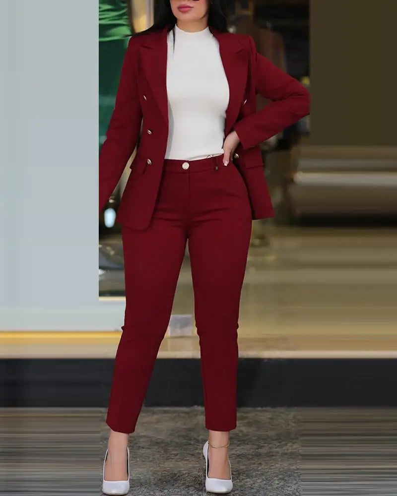 2Pcs Women's Solid Color Suit + Trousers Two-Piece Set Slim Fit Business Fashion Double Breasted Formal Female Clothes Outfit