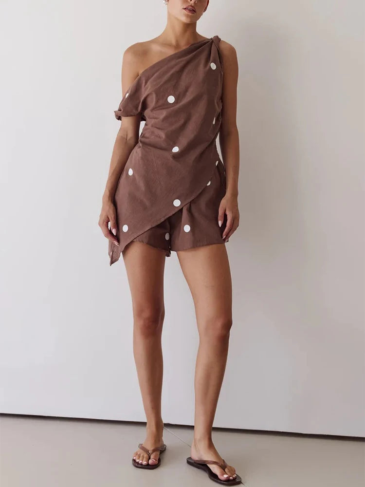 Fashion Pattern Printed Loose Beach Suit Irregular Holiday Set Ladies Diagonal Collared Sleeveless Top with Shorts Summer Outfit