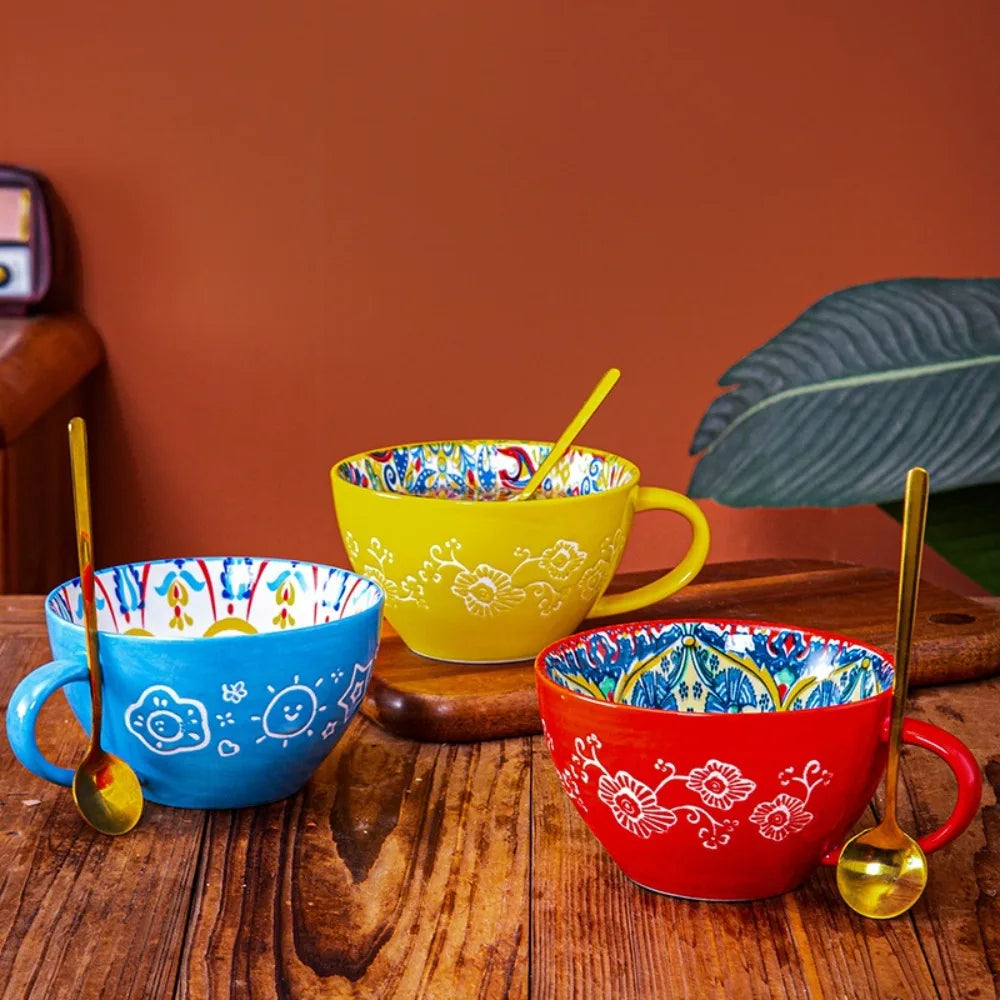Creative Ceramic Bohemian Breakfast Cup Retro Flower Pattern Coffee Mug Microwaveable Large Capacity Milk Cup Friend Gift