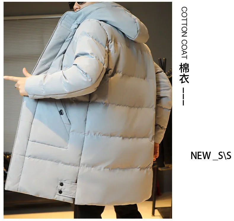 2023 Warm Hooded Mid-length Jacket Mens Casual Zip Up Cotton Padded Jacket Overcoat Autumn Winter Windbreaker Coats Men Clothing