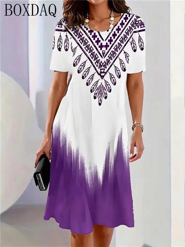 Retro Elegant Women's Summer Short-Sleeved O-Neck Casual Loose A-Line Dress 3D Digital Gradient Print New Dress