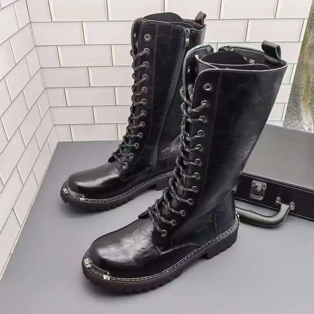 men's fashion party nightclub dress motorcycle boots black soft leather shoes autumn winter cowboy high boot long botas hombre