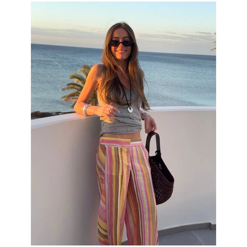 Women‘s Colorful Striped Pant New Summer Straight Multicolor Wide Leg Long Pants Casual Fashion Streetwear Female Outfit 2026