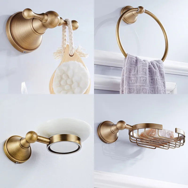 Antique brass plated wall-mounted towel rack bathroom hardware pendant set paper towel holder coat hook toilet brush ELA68A