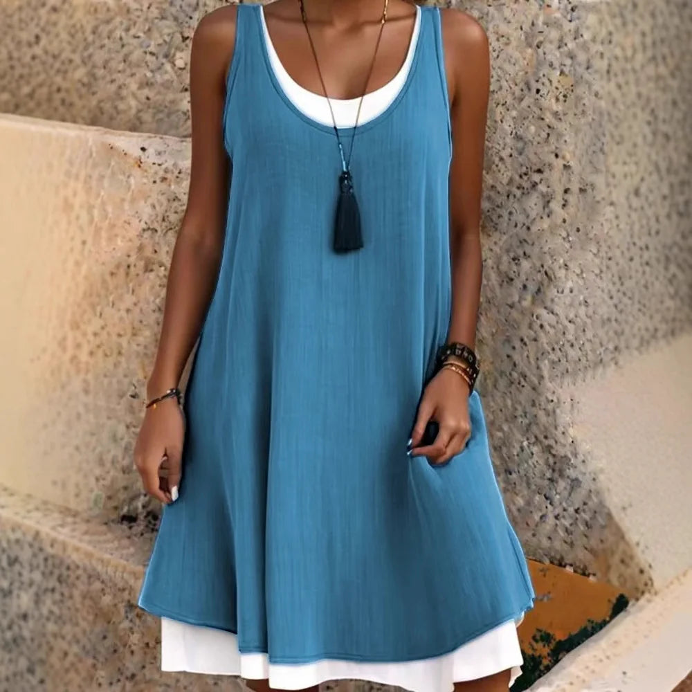 Ladies' Casual Sleeveless Design With A Fake Two Piece Loose Dress Summer Fashion Simple Sleeveless Round Neck Dress For Women