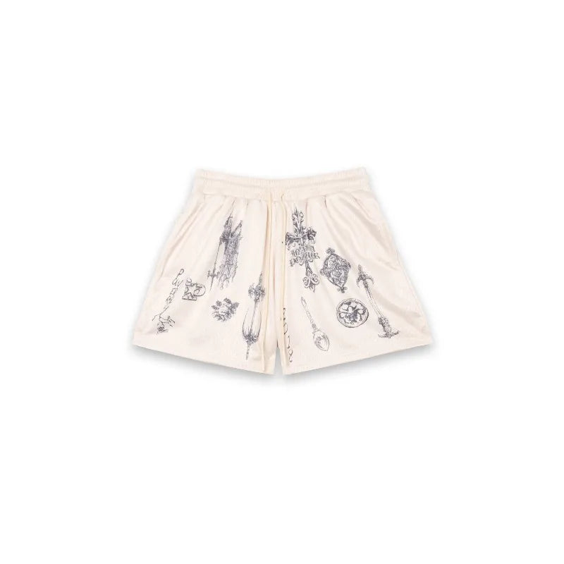2026 Summer Y2K Gothic Weapon Print Mesh Shorts Men Breathable Streetwear Elastic Waist Casual Gym Lightning Pattern Shorts