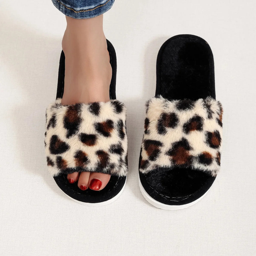 Women Leopard Print Fuzzy Slippers Open Toe Plush Home Slides Soft  Non Slip Warm Indoor House Shoes Cozy Ladies Casual Footwear