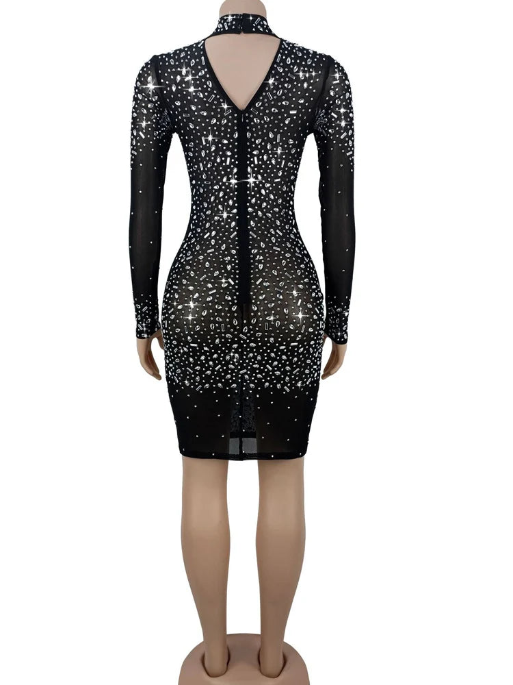 Beyprern Elegant Crystal See Through Mesh Party Dresses Women Glamour Long Sleeve Rhinestone Night Out Vestido Christmas Outfits