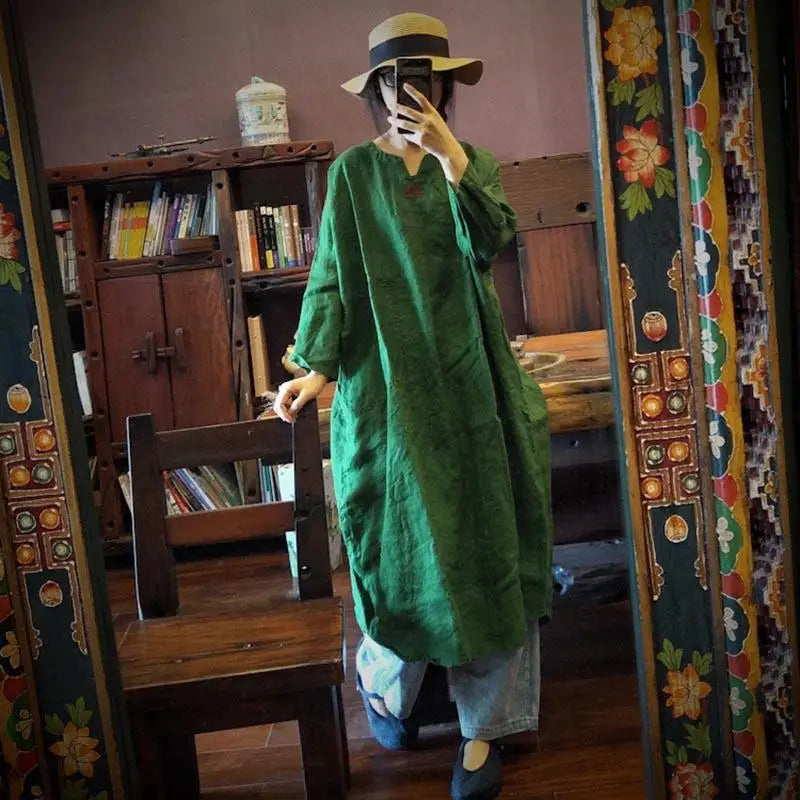 2024 Spring Autumn New Arts Style Women Long Sleeve V-neck  A-line Dresses Vintage Embroidery Cotton Linen Loose Long Dresses