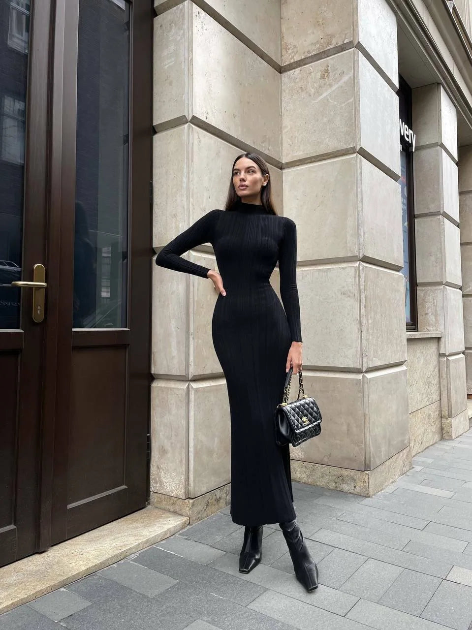 VEITCHE Autumn Winter Women Knitted Long Sleeved Sweater Dress Sexy Slim Fit Striped High elasticity Female Vestidos Sweater Out
