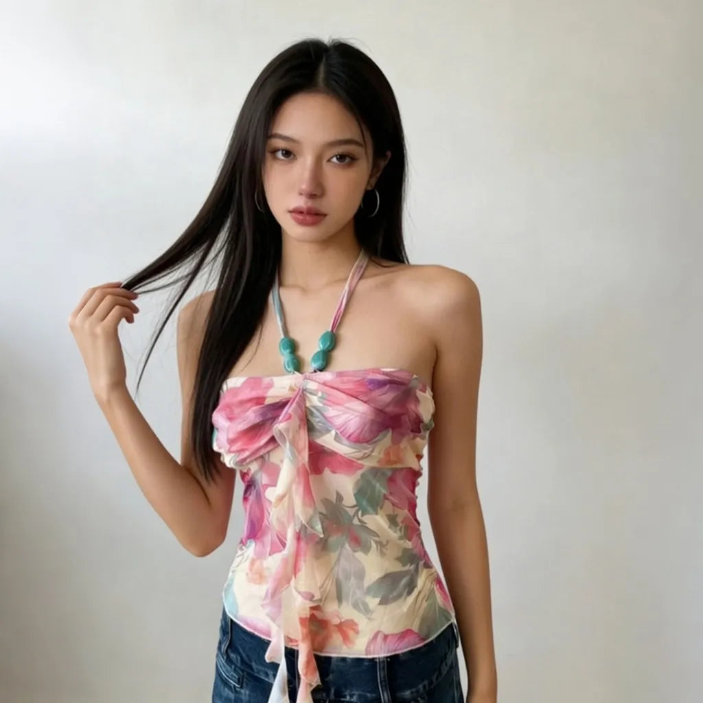SylCue Colorful Print Camisole Tops Woman Beads Decoration Halter Backless Ruffles Tassel Sweet Girls Y2K Style Elegant Tops