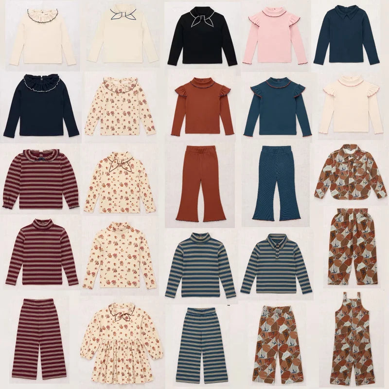 Kids Girls T Shirts Blouse and Pant Set 2026 Autumn Long Sleeve Ruffle Children's Tee Printed Retro Dress Outfwear Clothing