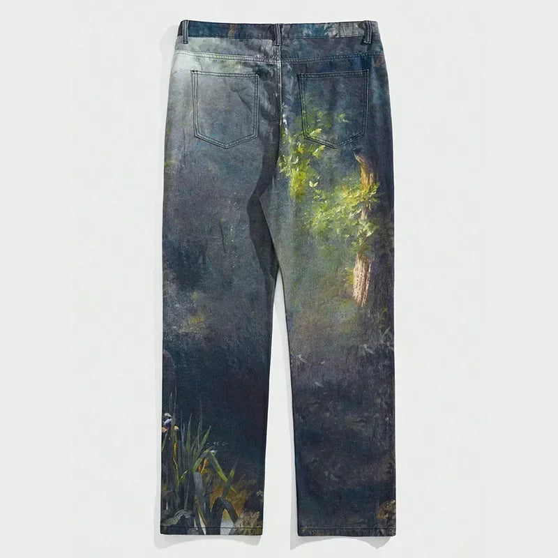 European and American Street Men's Fashionable 3D Digital Pattern Printed, Ink-splashed and Tie-dyed Straight-leg Jeans.