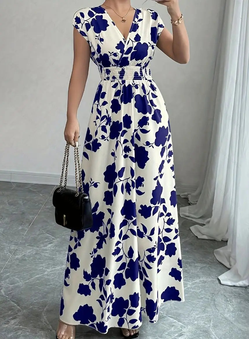 2026 Women's New Fashion Casual Daily Comfortable Elegant Lace-up Floral Print V-neck Short Sleeve Waist Women's Long Dress