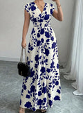 2026 Women's New Fashion Casual Daily Comfortable Elegant Lace-up Floral Print V-neck Short Sleeve Waist Women's Long Dress