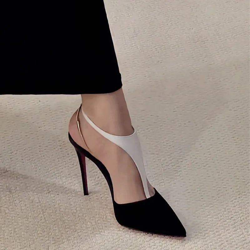 T-Shaped Socialite Black Gold Color Blocked Sexy Toe Sandals with Thin Heels and Pointed Toes, Autumn and Winter New High Heels