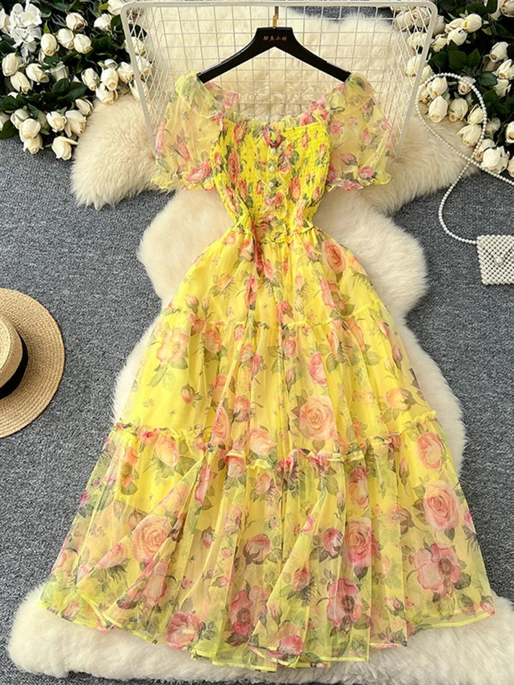 Summer Vintage French Mesh Dress for Women New Waist Cinched Slash Neck Bubble Sleeves Sweet Floral Chiffon Dress Female C146
