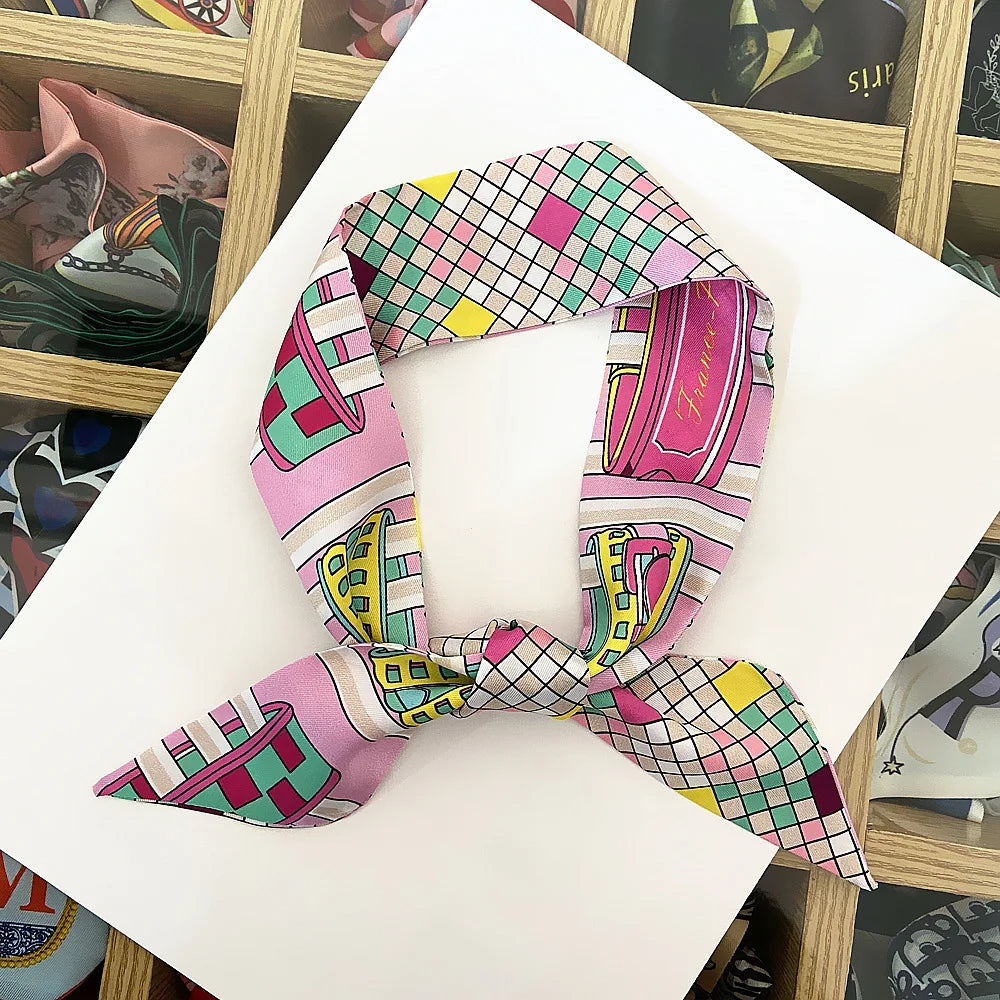 Printed Silk Scarf for Women Summer Lightweight Neck Scarf Collar Bandana Bag Strap Decorative Present Gift Accessories