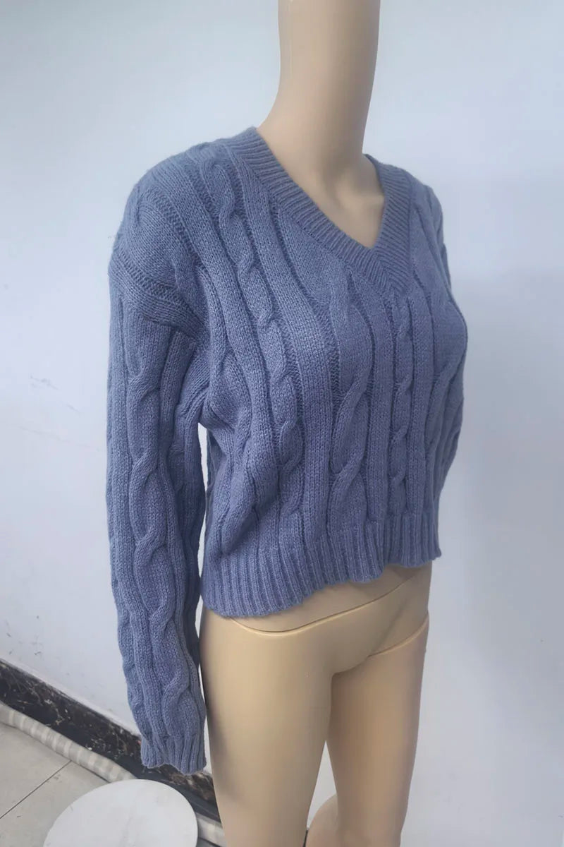 Vintage Twist Cropped Sweater Pullover Women Autumn Winter Loose V-Neck Knitted Jumper Lazy Style Classic Long Sleeve Knitwear