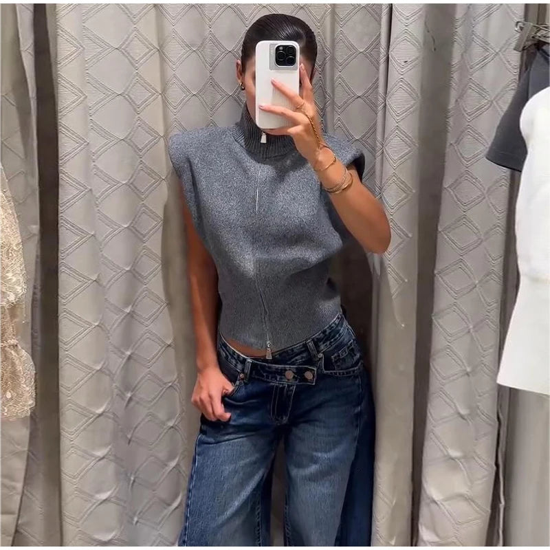 Women's Double Zipper Knit Vest Stand Collar Shoulder Pad Sleeveless Slim Cropped Sweater 2026 Autumn All-match Casual Outfits