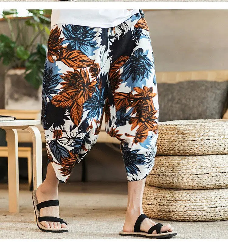 Men's Casual Cotton Linen Seven-Foot Pants Summer plus Size Lantern Loose Fit Shorts Harlan Style Comfortable Breathable Leis...