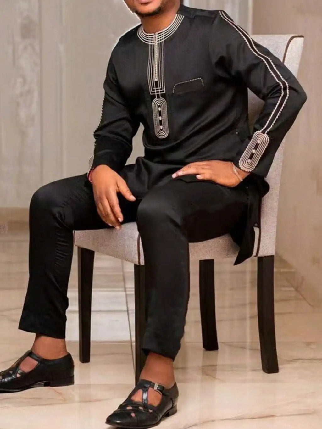 White Kaftan Men's Suit Embroidery Floral Top Pants Kaunda Suit African Casual Outfits Wear Traditional 2PCS Set Wedding Tuxedo