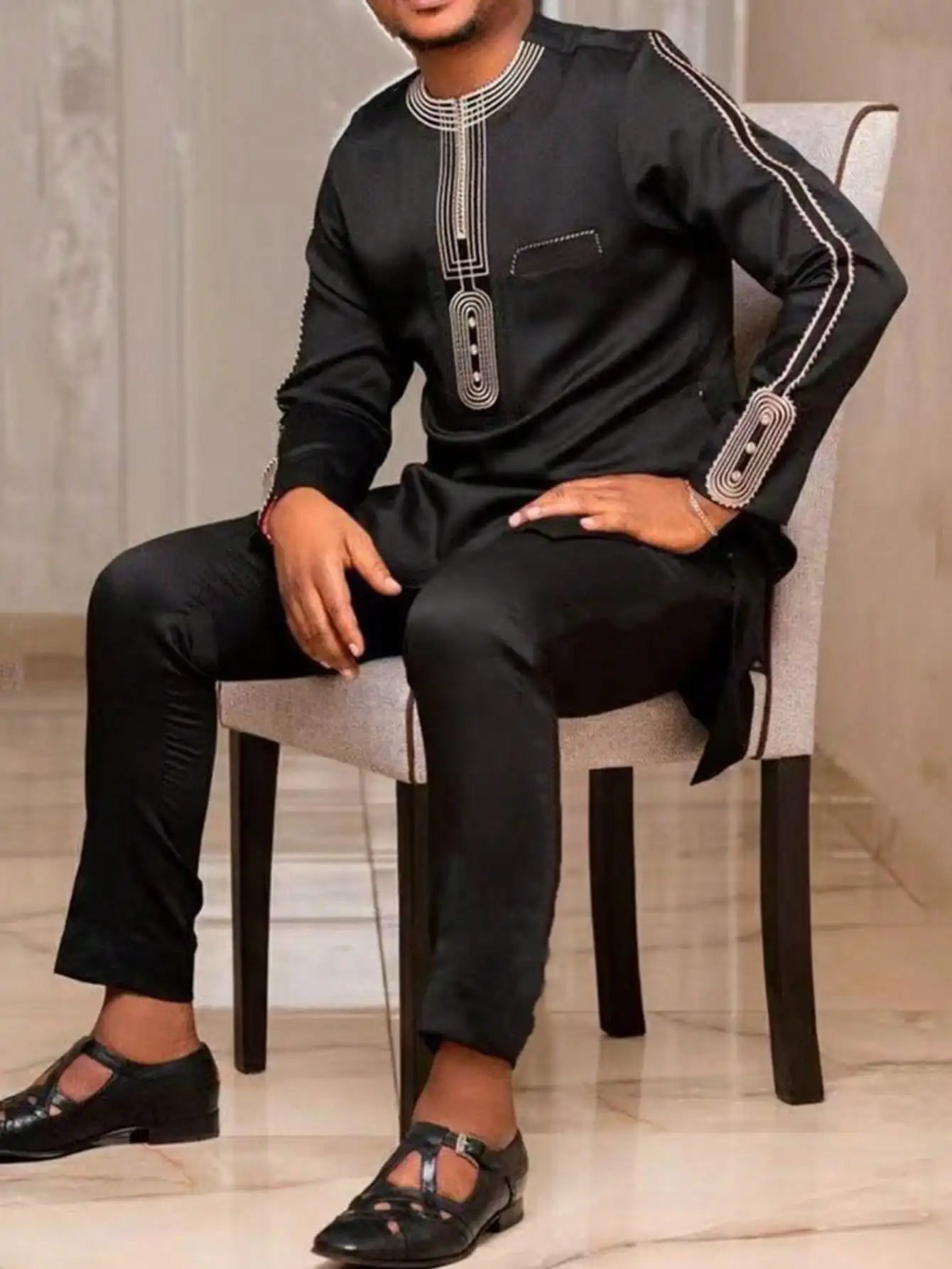 White Kaftan Men's Suit Embroidery Floral Top Pants Kaunda Suit African Casual Outfits Wear Traditional 2PCS Set Wedding Tuxedo