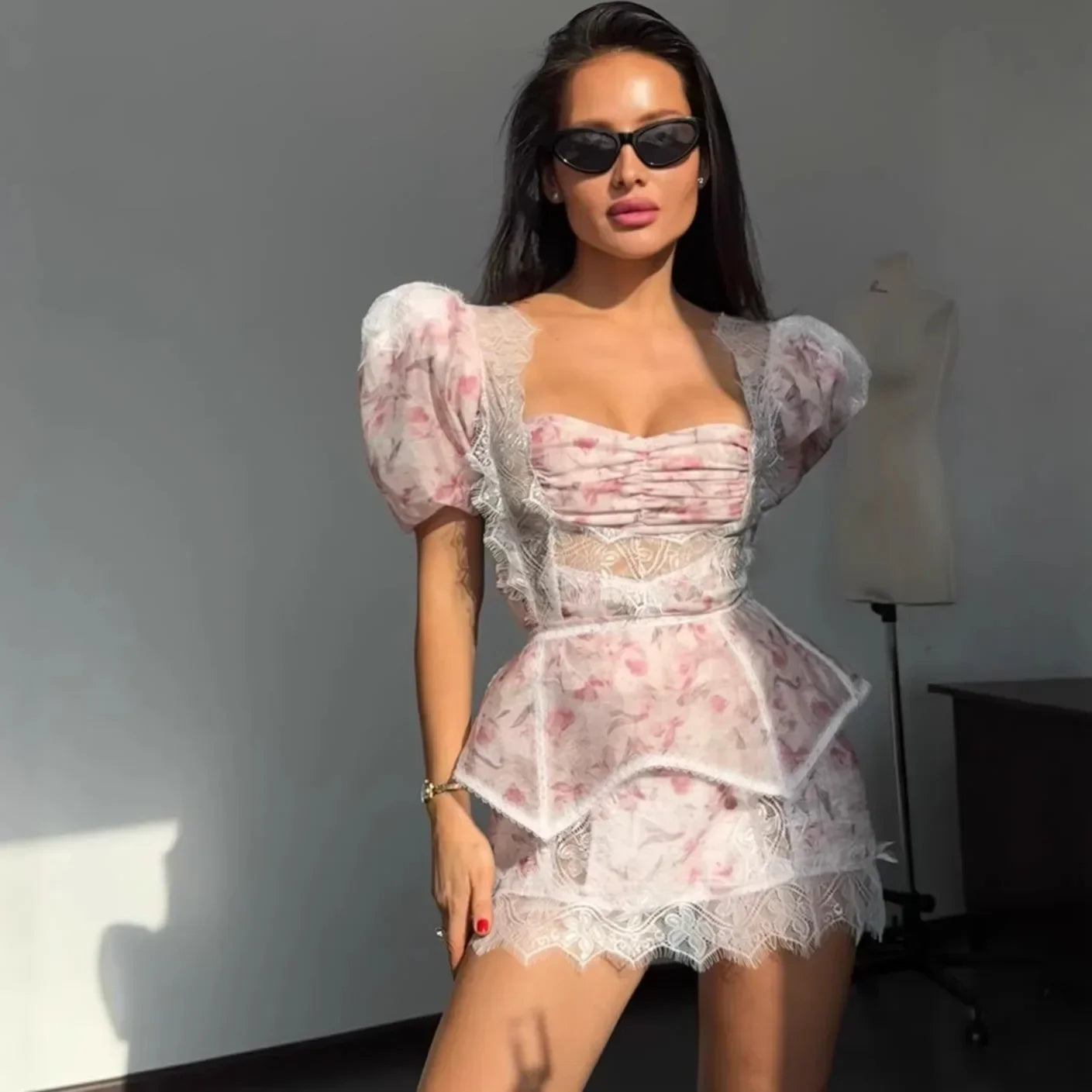 Sexy Floral Print Mini Skirt Set Women Chic Lace Patchwork Bubble Short Sleeves 2 Piece Suit Lady Summer Vacation Outfits New
