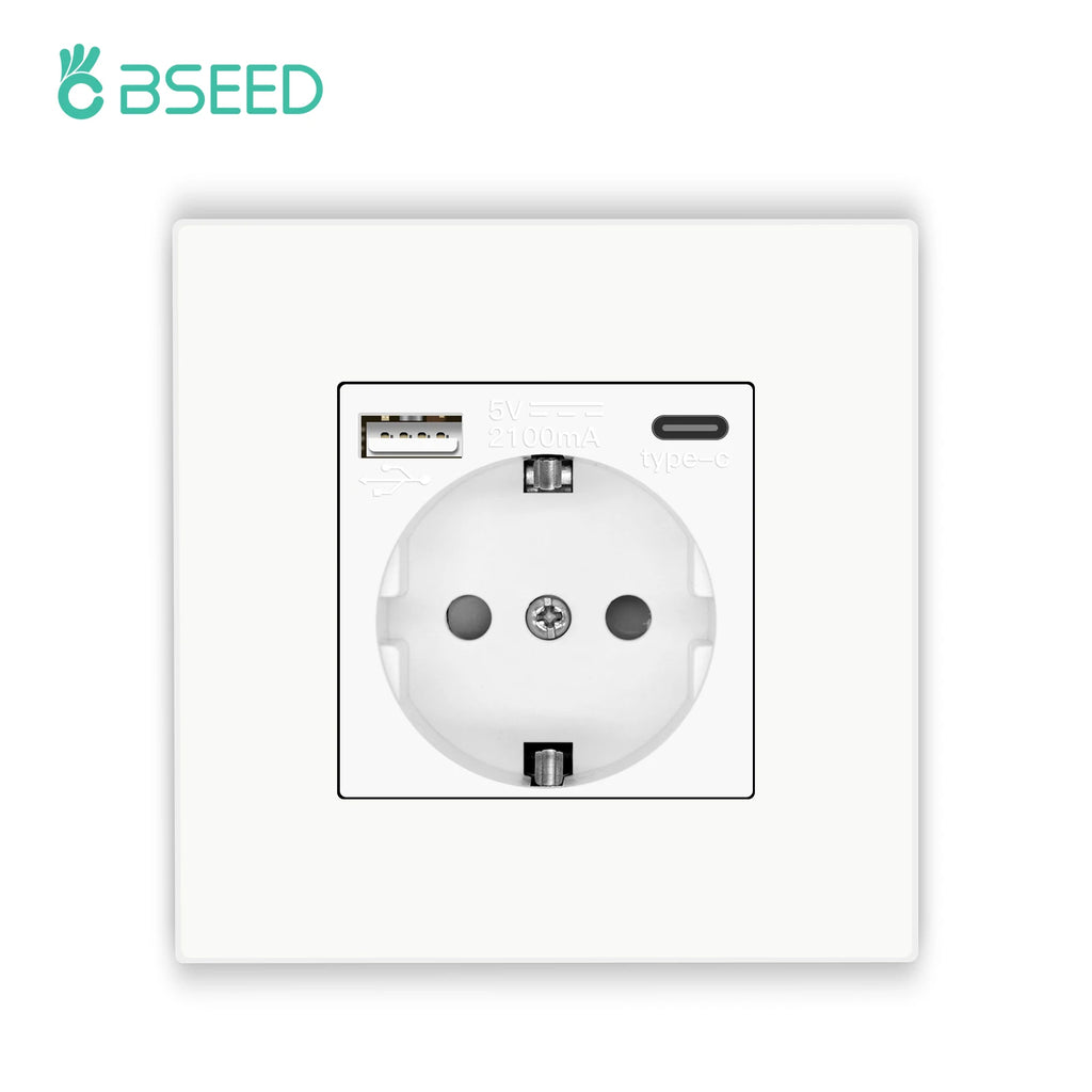 BSEED EU Wall Sockets Type-C USB Power Sockets Double Electric Sockets Triple Outlets Plastic Frame Germany Socket With Dual USB