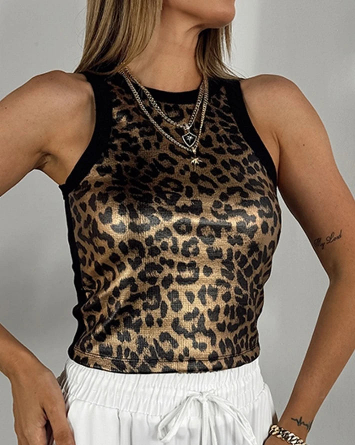 Top Women 2024 Summer Fashion Jacquard Leopard Pattern Metallic O-Neck Sleeveless Casual Skinny Daily Crop Tank Top