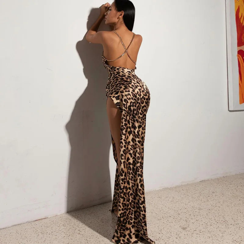Leopard Print Women Chain Strap Side Slit Maxi Dress Backless Bodycon Sexy Streetwear Festival 2024 Evening Elegant