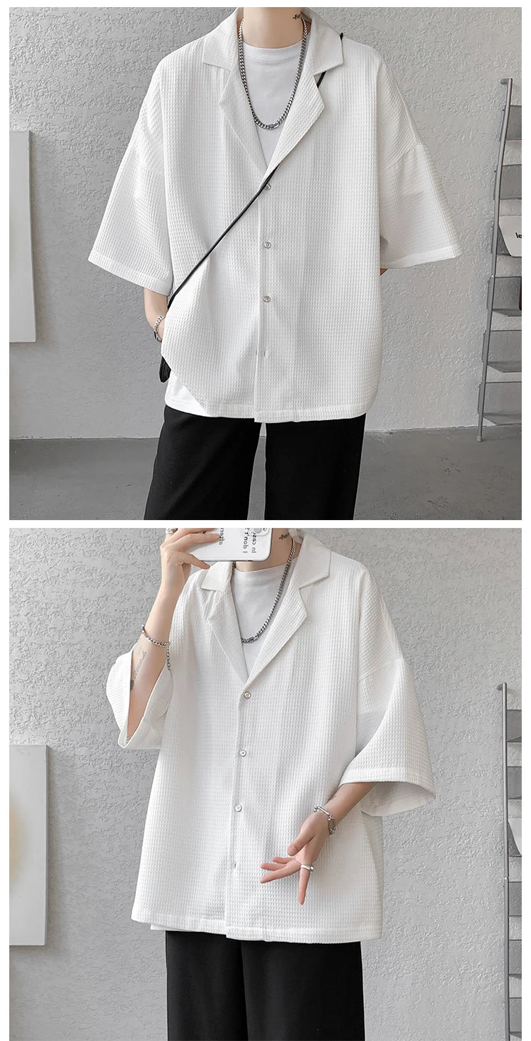 LEGIBLE Spring Summer Solid Shirts Men Casual Oversized Three Quarter Shirts Male Loose Fit Shirt for Man