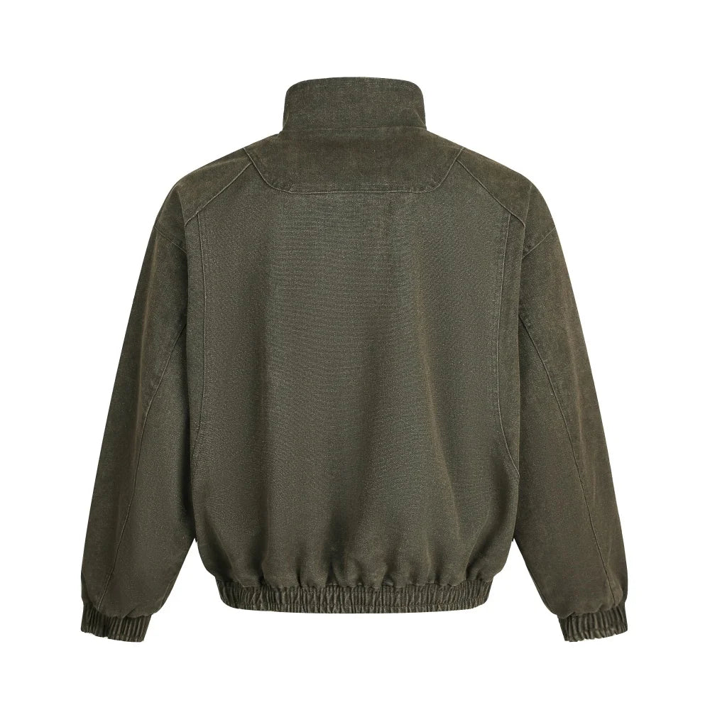 Spliced Denim Jacket Mens Washed Distressed Retro Casual Loose Long Sleeve Stand Collar Pocket Outerwear Man