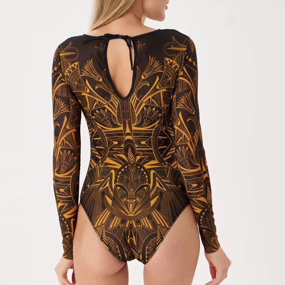 NEW Print Patchwork Sports Swimsuit for Women,Long Sleeve Zipper Conservative Bikini Monokini,beach Vacation Suit 2025