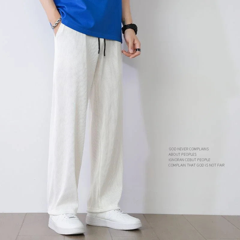 Summer White Casual Pants Men's Ice Silk Pants Men's Drape Floor Mop Pants  Korean Straight Loose Wide Leg Long Pants