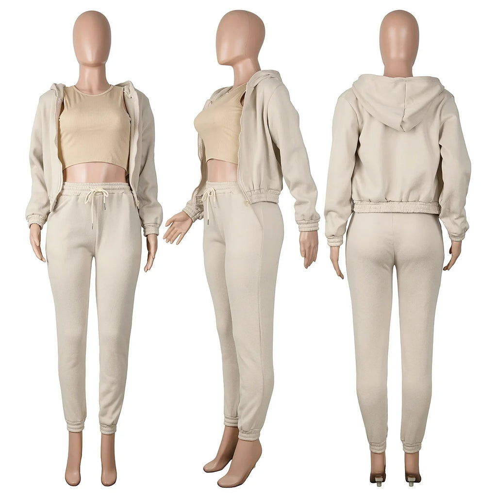 Waterarea Basic Active Women's Tracksuit Hooded Track Jacket +vest and Jogger Pants Suit Matching Three 3 Piece Set SportOutfits