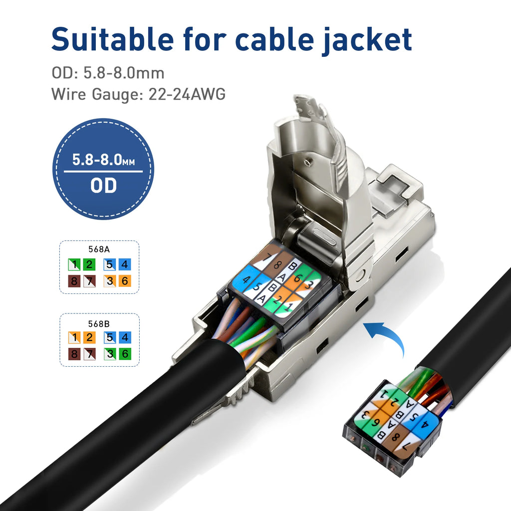 ZoeRax RJ45 Cat8 Cat7 Cat6A Connectors RJ45 Shielded Toolless Modular Termination Plug 2000MHz 40G LAN Cable for 22AWG-24AWG